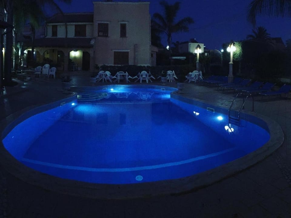 Night, Pool view, Swimming pool, sunbed