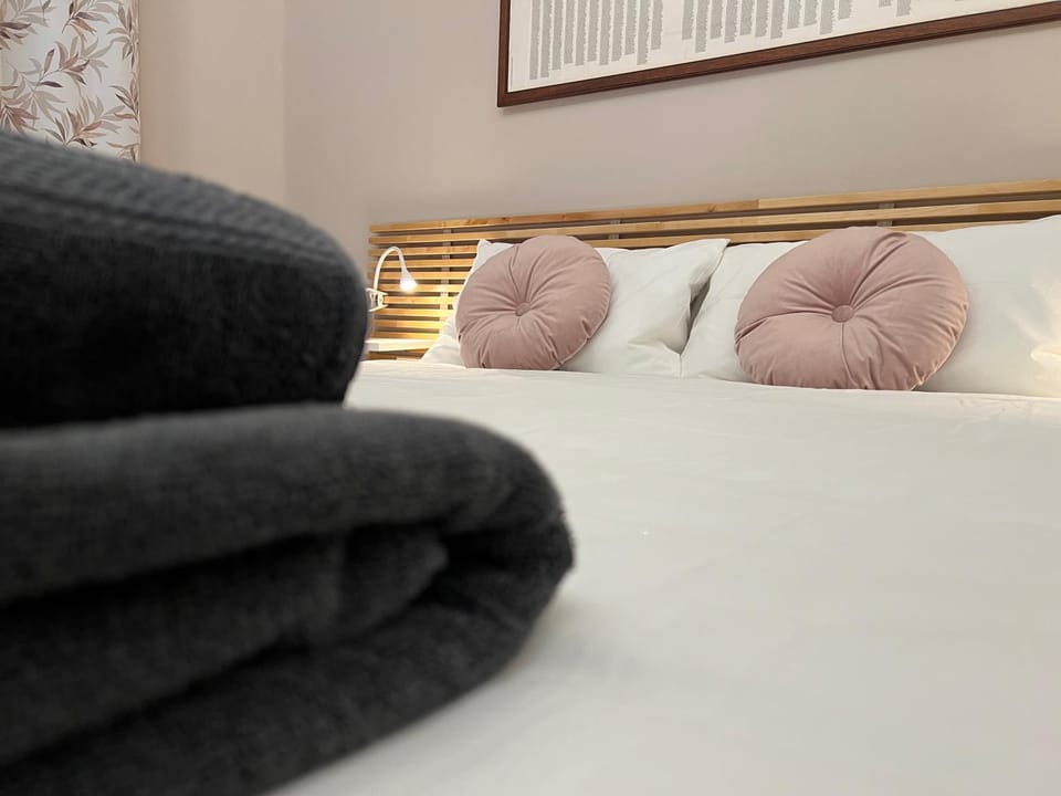 Bed, Decorative detail, Decorative detail, Bedroom, heating, heating, towels, towels