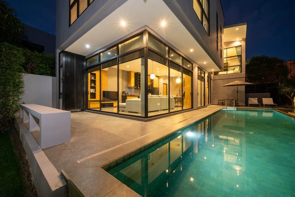 Property building, Night, Swimming pool