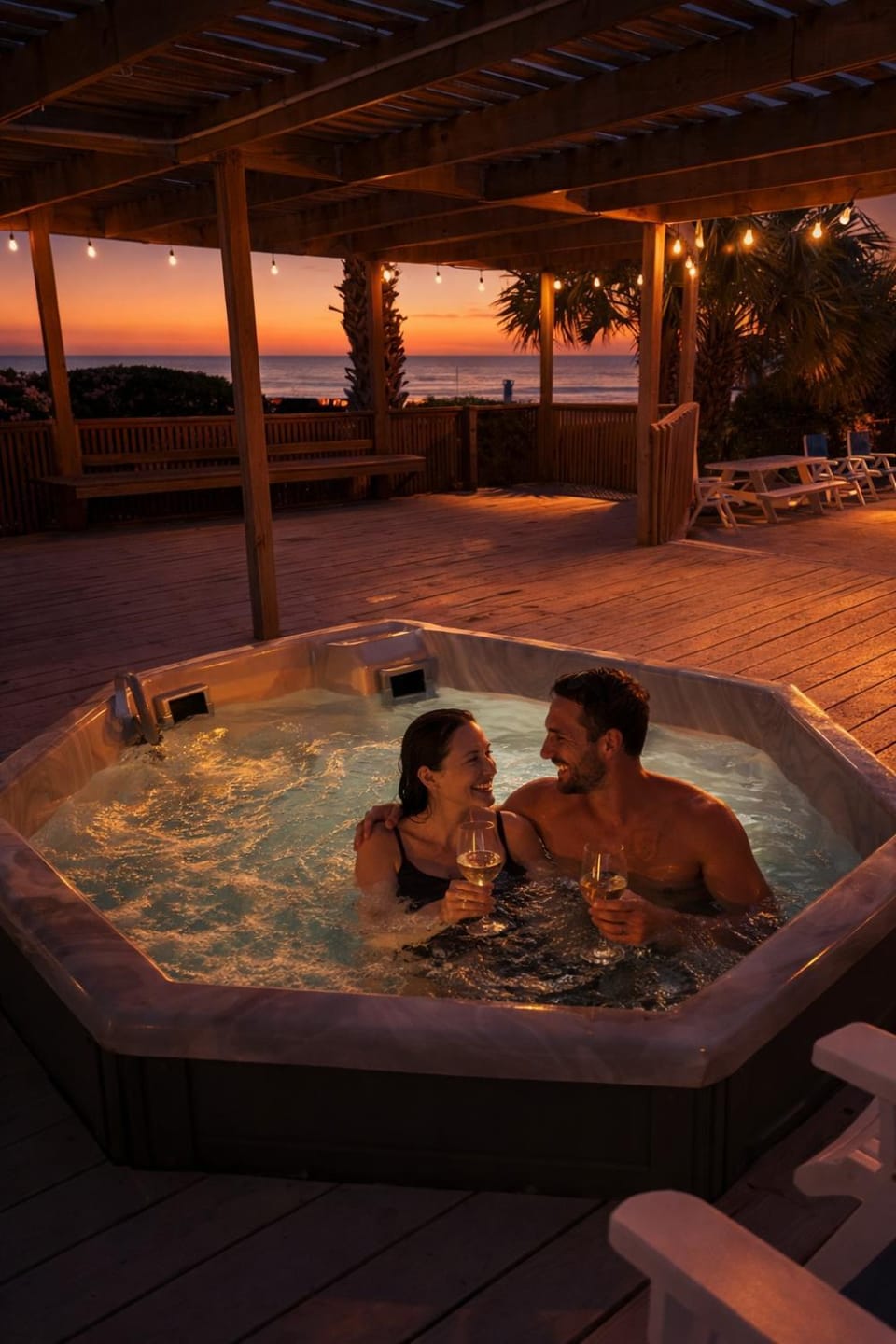 Patio, Hot Tub, Seating area, Sea view, Sunset