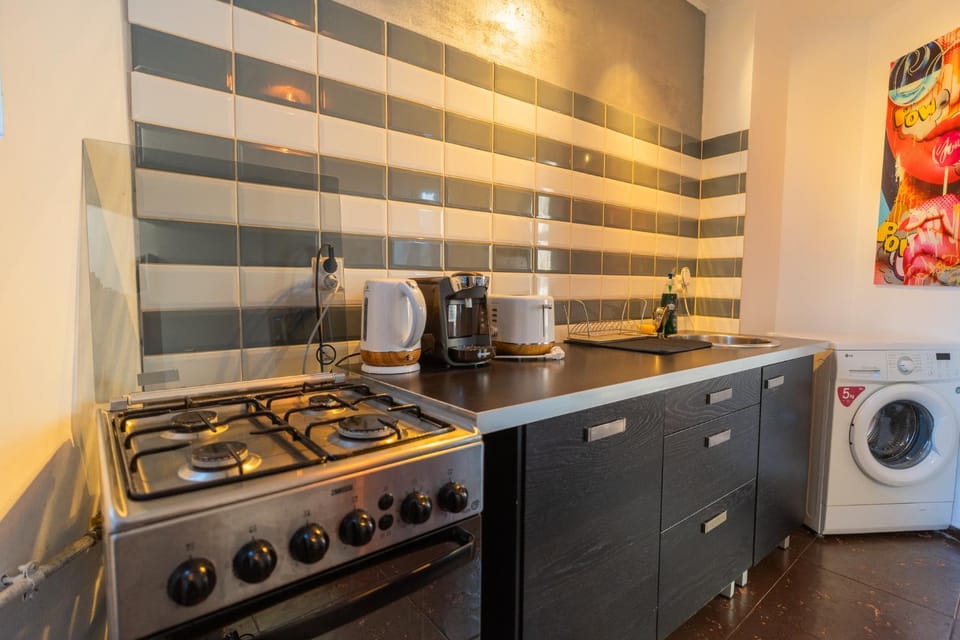 Kitchen or kitchenette, stove, washing machine