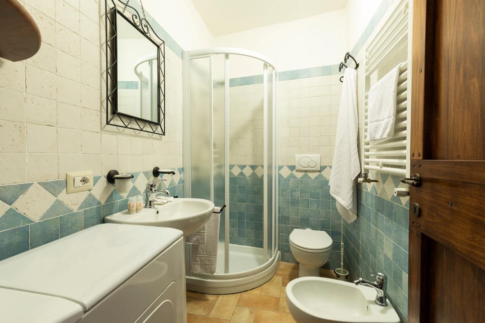 Shower, Toilet, Bathroom, Swimming pool, bidet, hair dryier, heating, towels, washing machine
