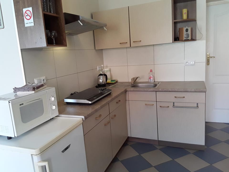 Kitchen or kitchenette, microwave, stove