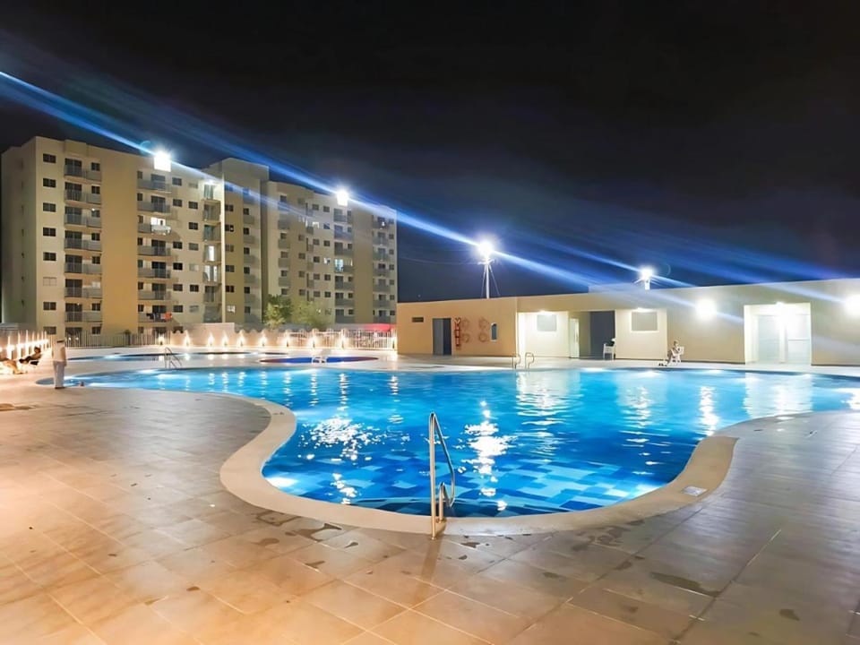 Property building, Night, Swimming pool