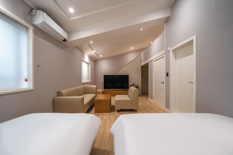 Bed, TV and multimedia, Living room, Photo of the whole room, Seating area, Bedroom, air conditioner