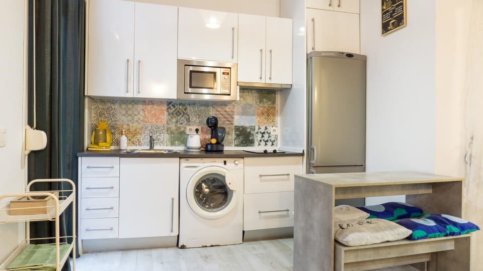 Kitchen or kitchenette, minibar, stove, washing machine