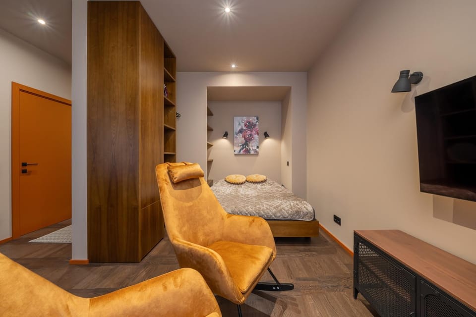 Bed, TV and multimedia, Living room, Photo of the whole room, Seating area, Evening entertainment, Bedroom, wardrobe
