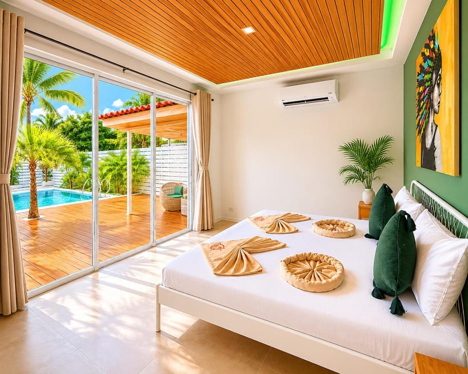 Bedroom, Pool view, towels, air conditioner