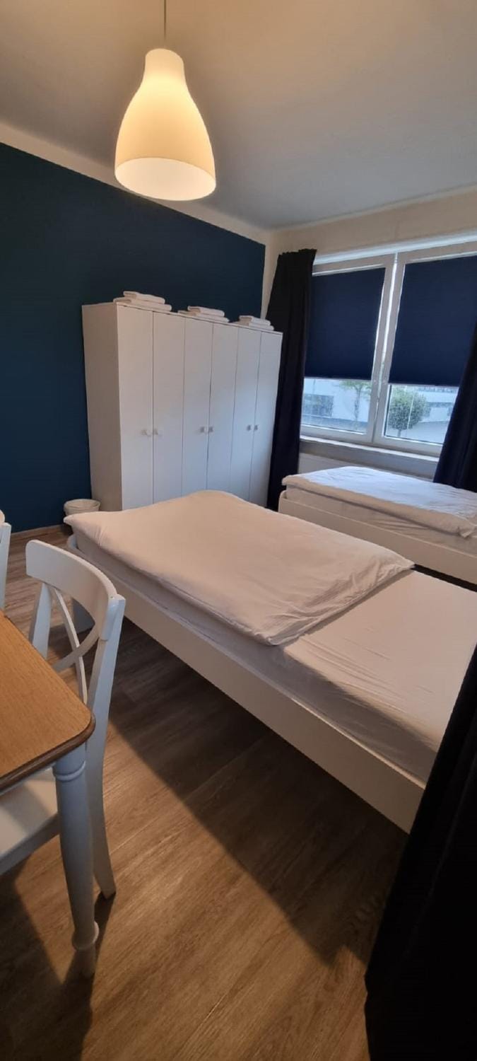 Bed, wardrobe