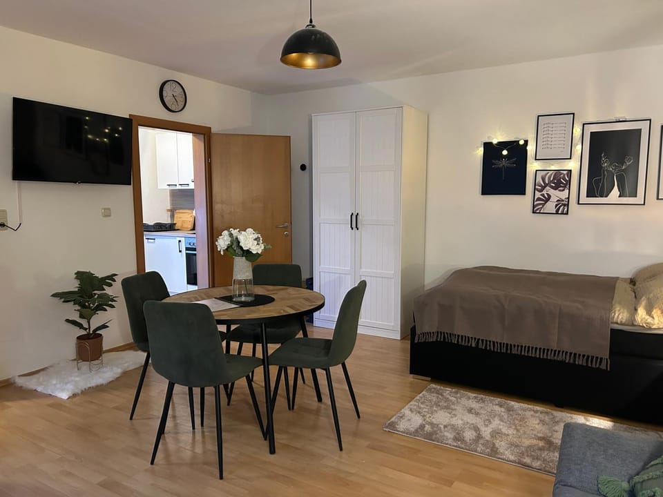 Bed, TV and multimedia, Living room, Photo of the whole room, Seating area, Dining area, Bedroom
