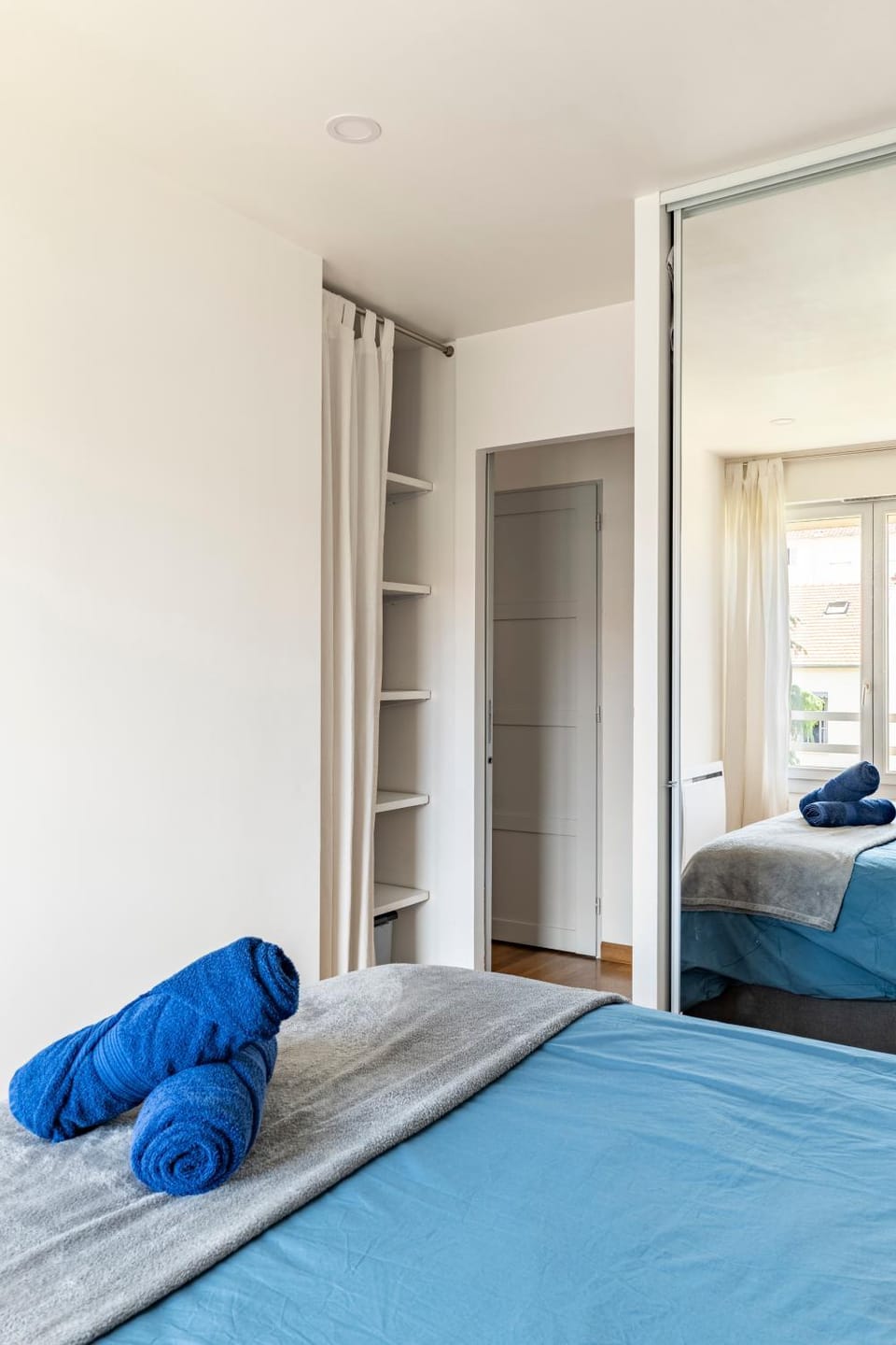 Bed, Photo of the whole room, Bedroom, flat iron, storage, towels, wardrobe, laundry