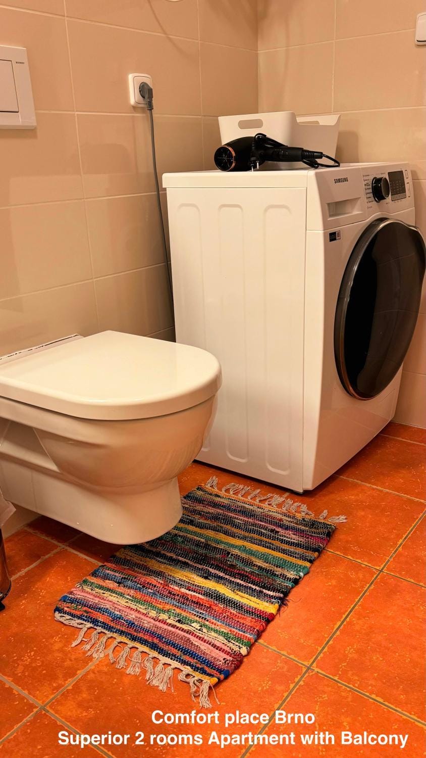 Toilet, Bathroom, hair dryier, washing machine