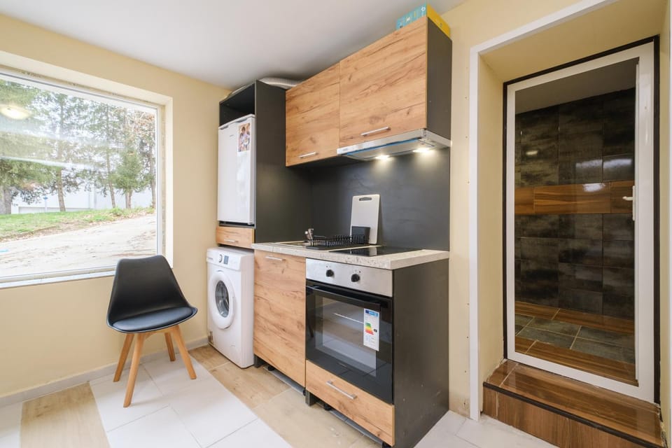 Kitchen or kitchenette, oven, stove, washing machine