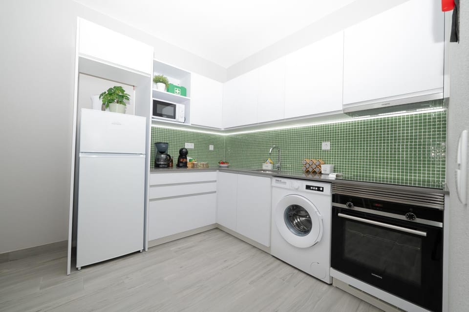 Kitchen or kitchenette, oven, stove, washing machine