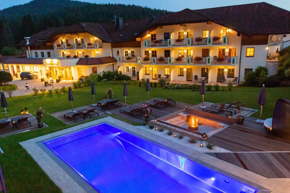Property building, Night, Garden, Garden view, Pool view, Swimming pool