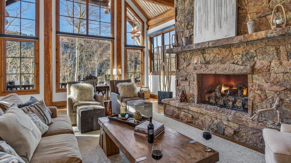 View (from property/room), Living room, Seating area, fireplace, furniture