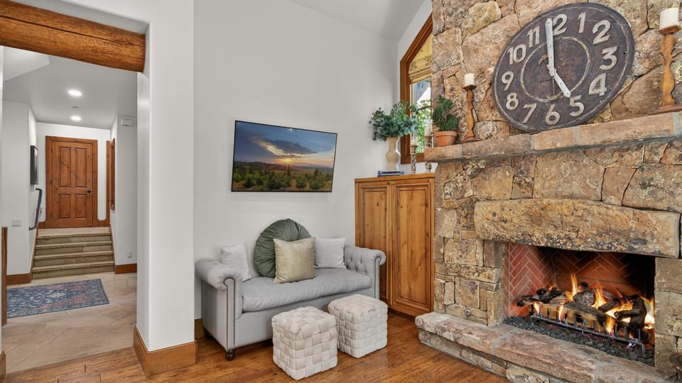 Seating area, fireplace, furniture