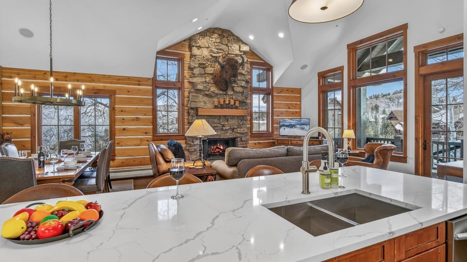 View (from property/room), Dining area, fireplace, furniture, kitchen