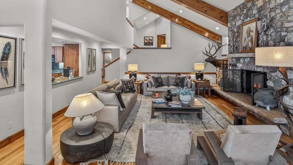 Seating area, fireplace, furniture