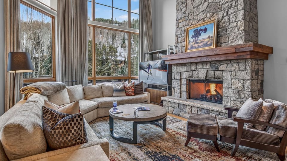 Living room, Seating area, Mountain view, fireplace, furniture