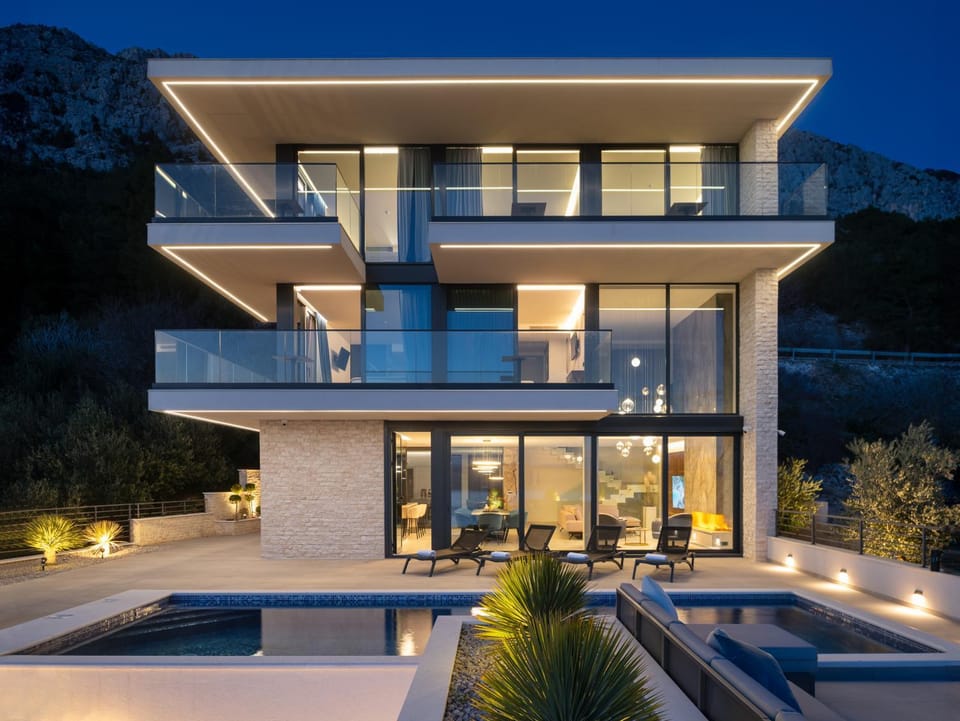 Property building, Night, Balcony/Terrace, Seating area, Pool view, Swimming pool