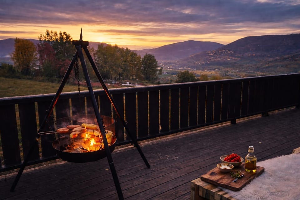 Day, Natural landscape, BBQ facilities, View (from property/room), Balcony/Terrace, Food and drinks, Dining area, Food, Mountain view, Drinks, Sunset