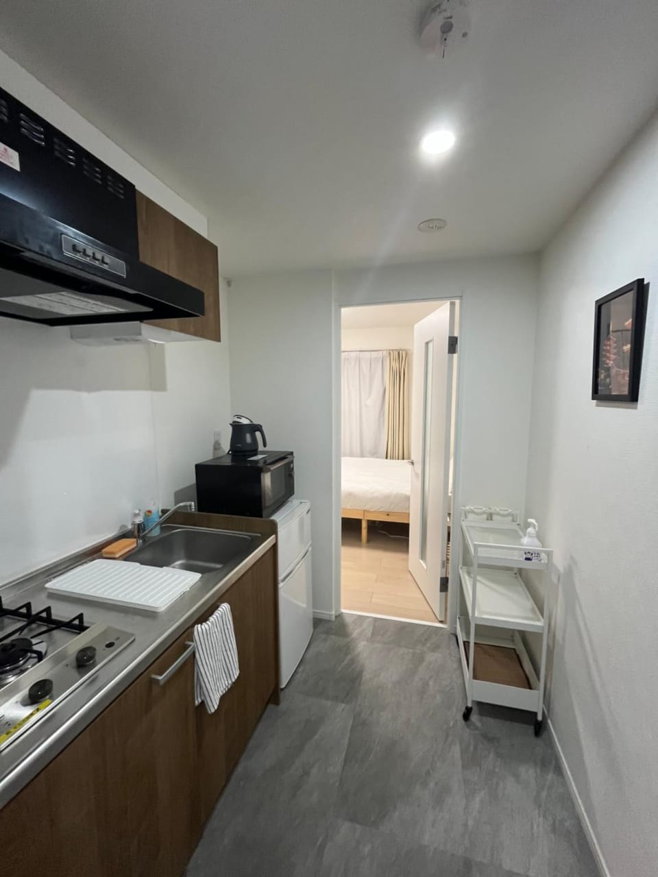 Kitchen or kitchenette, microwave, stove