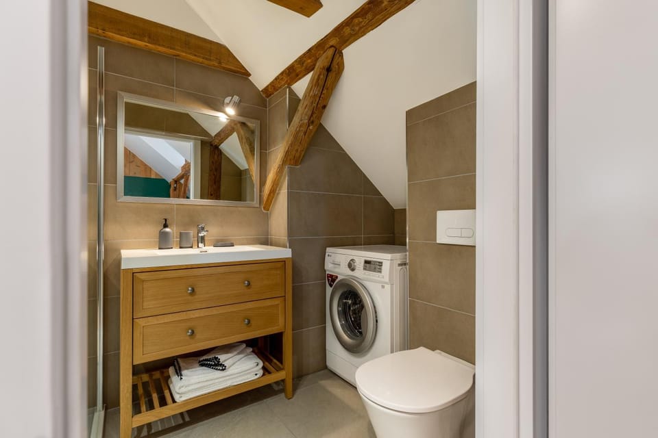 Toilet, Bathroom, towels, washing machine