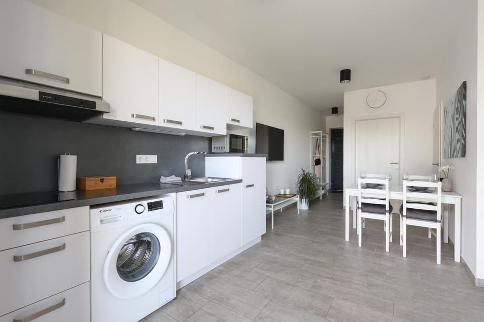 Kitchen or kitchenette, Dining area, stove, washing machine