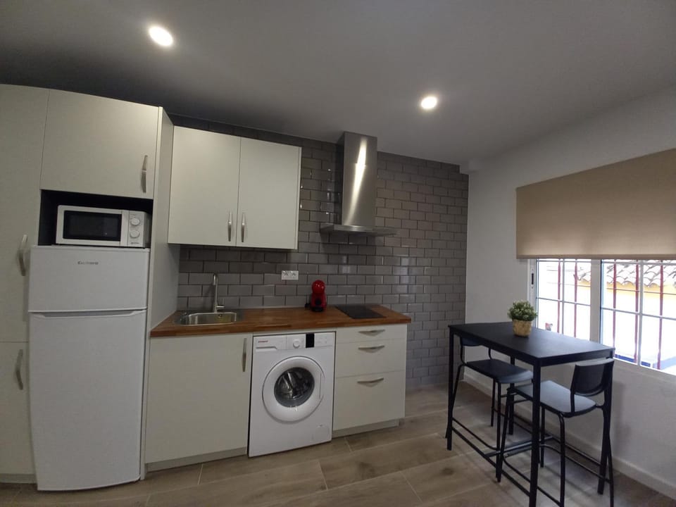 Kitchen or kitchenette, minibar, stove, toaster, washing machine