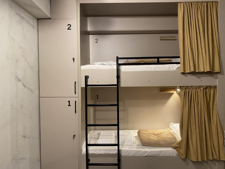 Bed, wardrobe