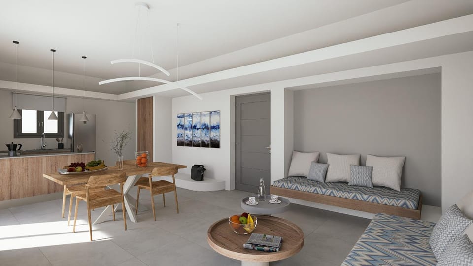 Kitchen or kitchenette, Living room, Seating area, Dining area