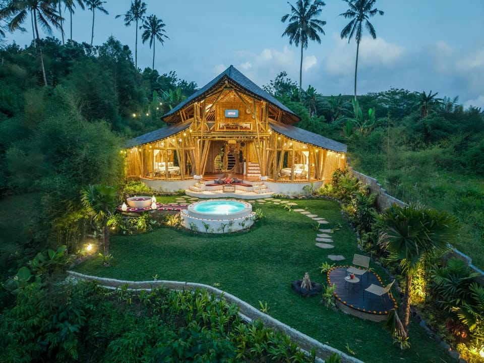Property building, Night, Natural landscape, Garden, Garden view, Pool view, Swimming pool