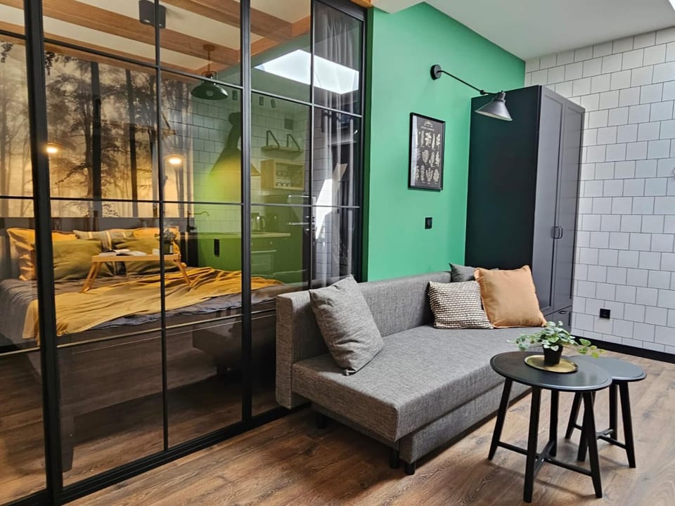 Bed, Living room, Seating area