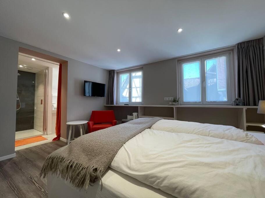 Shower, Bed, TV and multimedia, Photo of the whole room, Bedroom