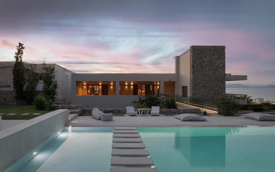 Property building, Patio, Natural landscape, Pool view, Sea view, Swimming pool, Sunset, sunbed