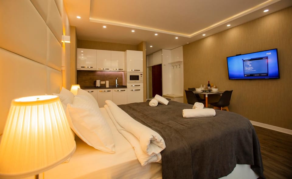 Bed, TV and multimedia, Kitchen or kitchenette, Living room, Photo of the whole room, Seating area, Bedroom, oven, towels