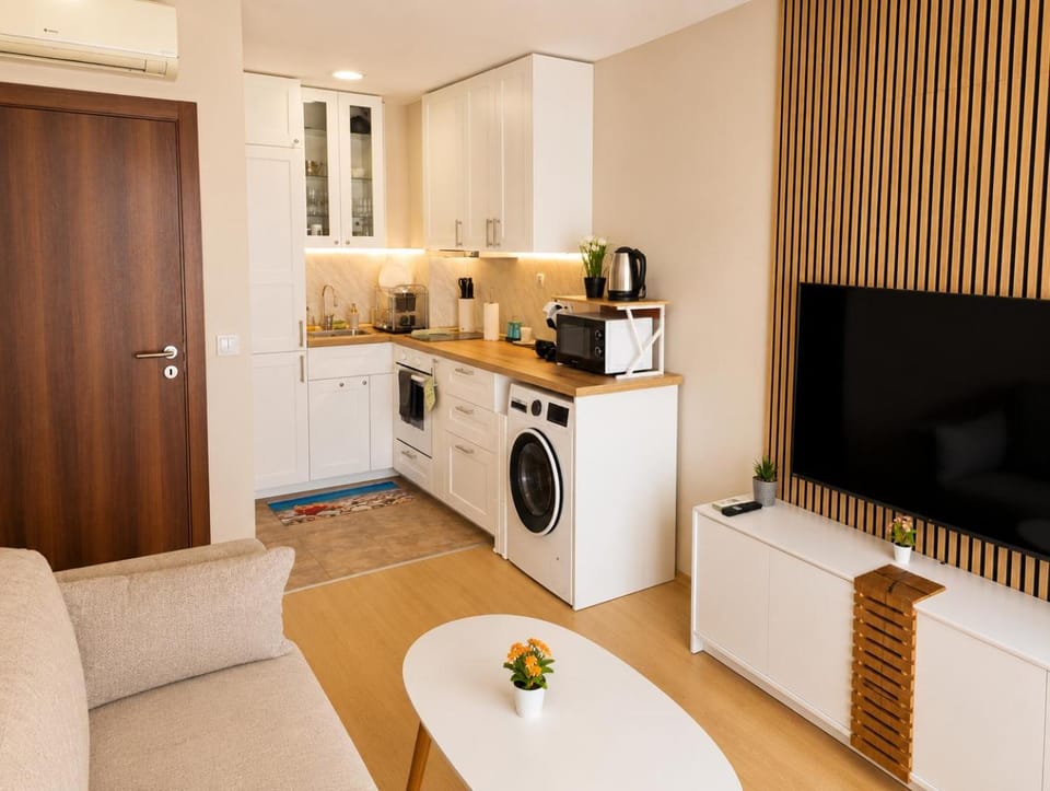 TV and multimedia, Coffee/tea facilities, Kitchen or kitchenette, Living room, Seating area, oven, stove, washing machine