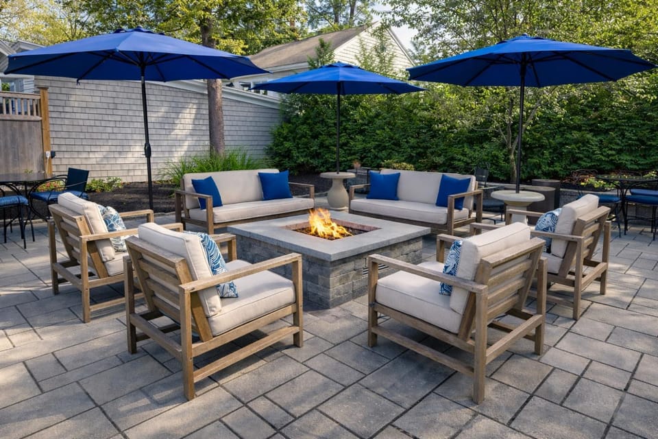 Property building, Patio, Seating area, Garden view