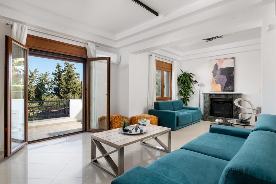 Summer, Balcony/Terrace, Living room, Seating area, fireplace
