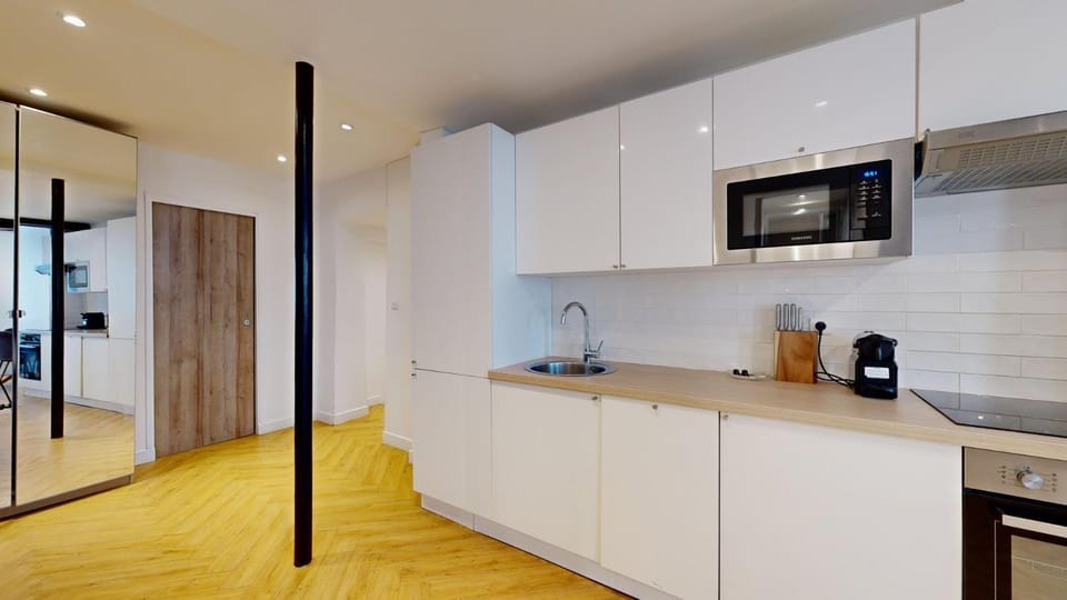 Kitchen or kitchenette, stove