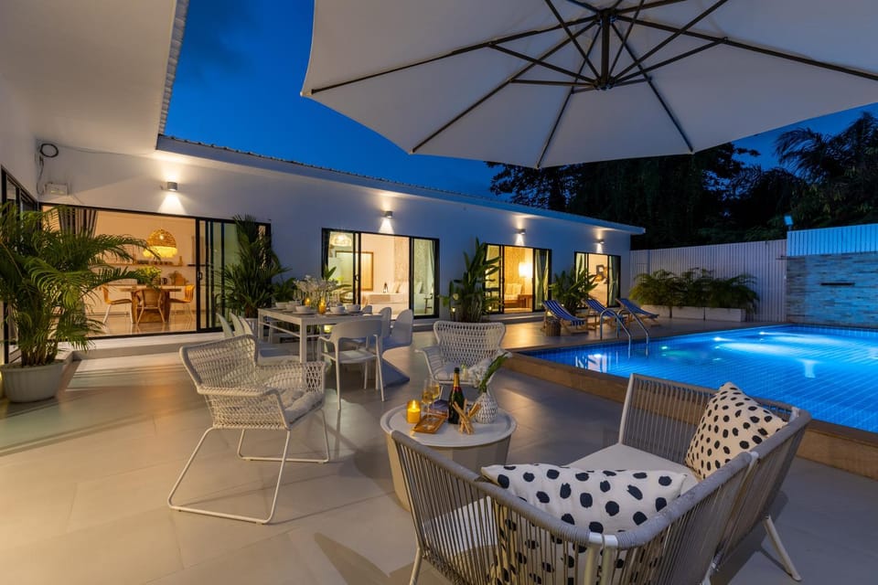 Patio, Night, Seating area, Swimming pool