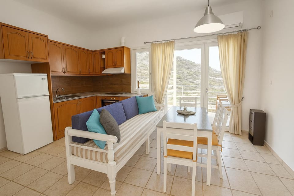 Kitchen or kitchenette, Living room, Seating area, Dining area