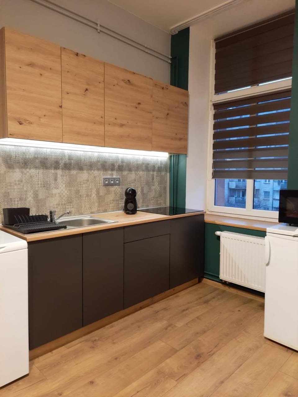 Kitchen or kitchenette, minibar, stove, washing machine