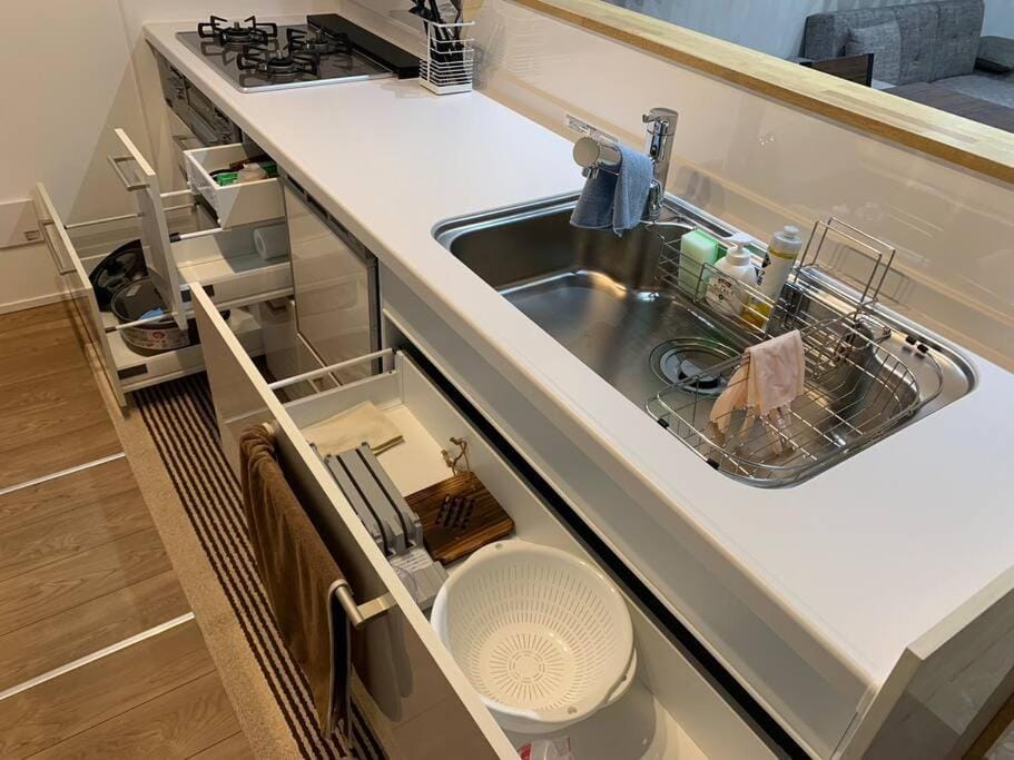 Kitchen or kitchenette, stove