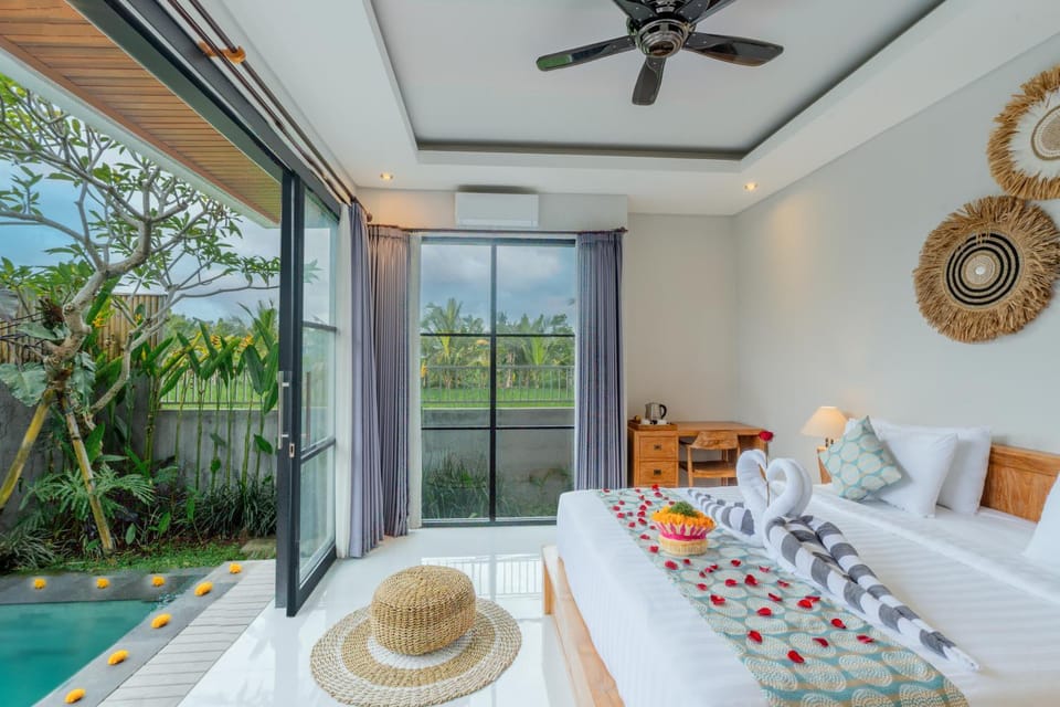 Bed, Natural landscape, Pool view