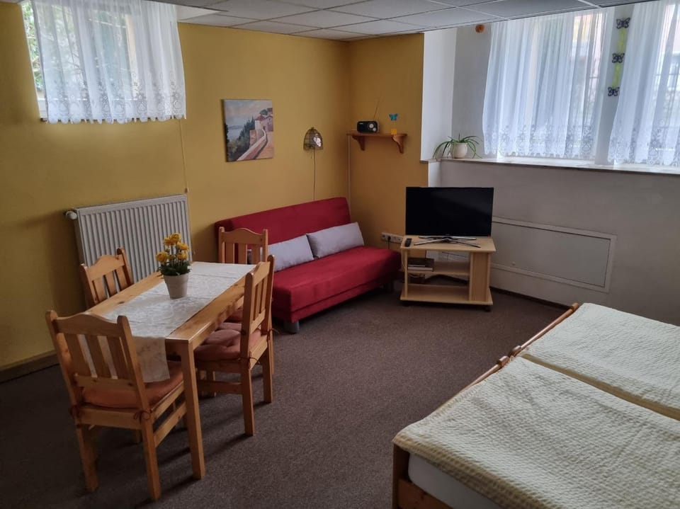 Bed, TV and multimedia, Living room, Photo of the whole room, Seating area, Dining area, Bedroom