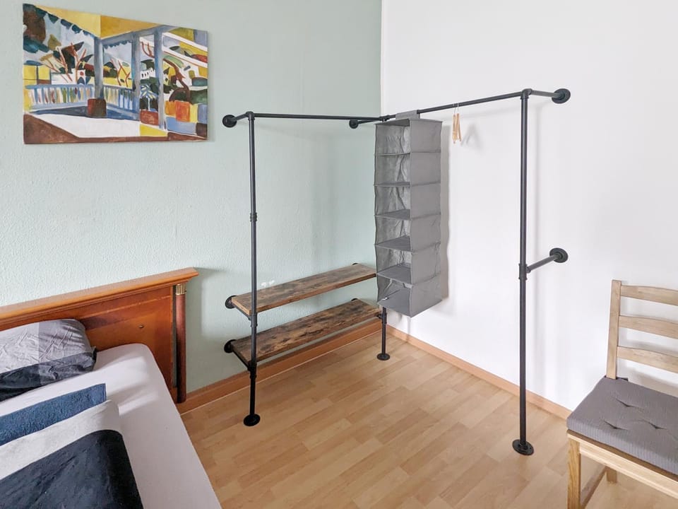Bed, wardrobe