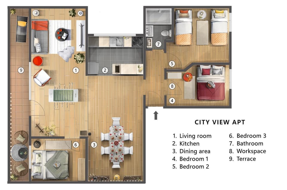 Balcony/Terrace, Kitchen or kitchenette, Living room, Business facilities, Floor plan, Dining area, Bedroom, City view