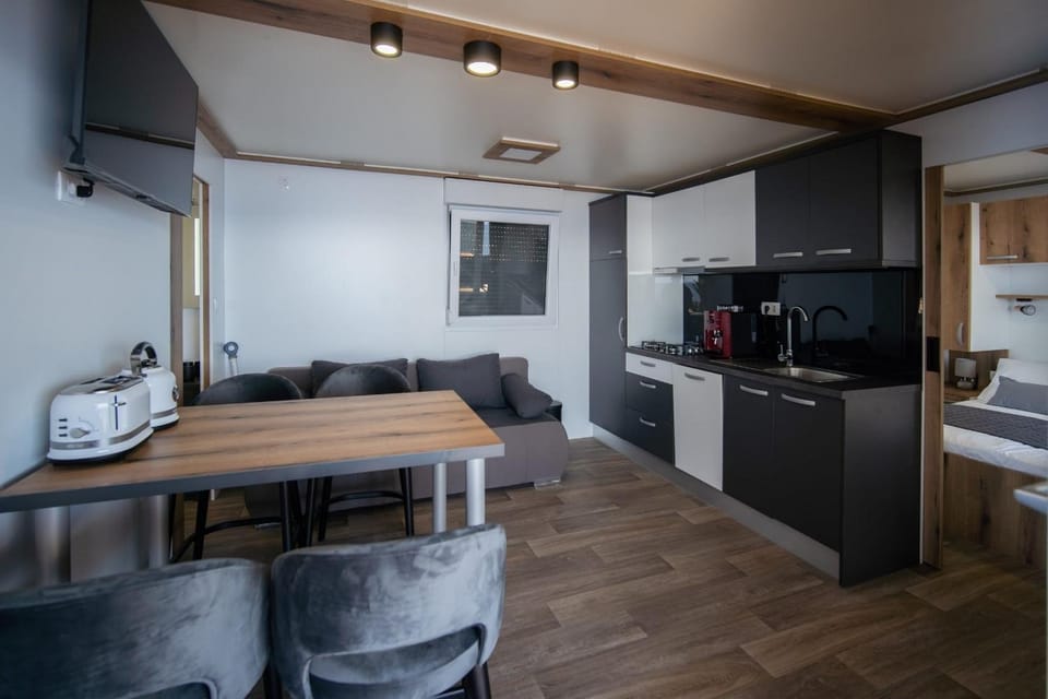 Kitchen or kitchenette, Living room, Seating area, Dining area, stove